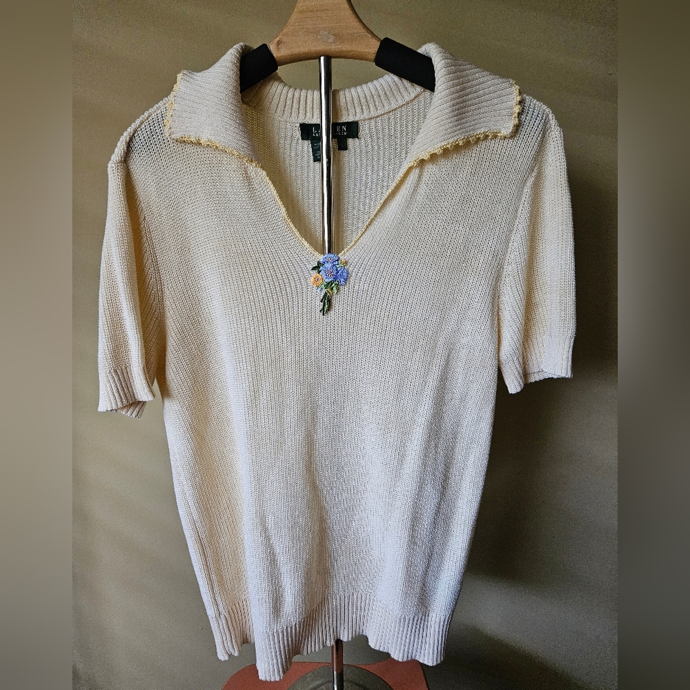 LAUREN Ralph Lauren Embroidered Knit Polo Sweater - Size Large